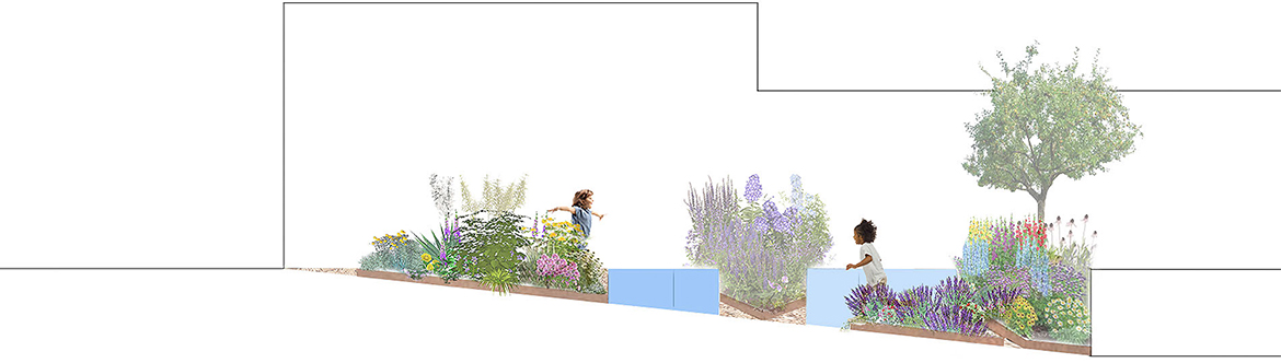 Entwurfsskizze der Außenraumgestaltung HIKITA Kita Sternenwelt mit blauen Sitzblöcken, Stauden und spielenden Kindern – Extrathings Landscape Studios.