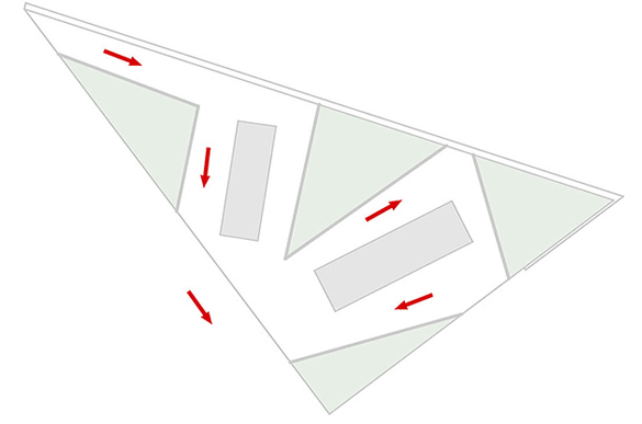 Diagramm der Wegeführung im Außenraumprojekt HIKITA Kita Sternenwelt mit roter Pfeilmarkierung – Extrathings Landscape Studios.