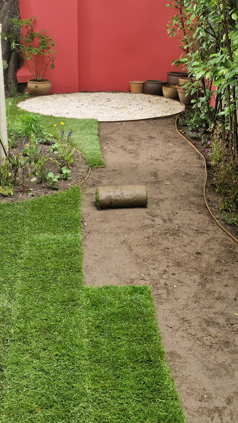 Verlegung von Rollrasen neben einer runden Kiesinsel, eingerahmt von Staudenflächen – Projekt Frankfurt Nordend.