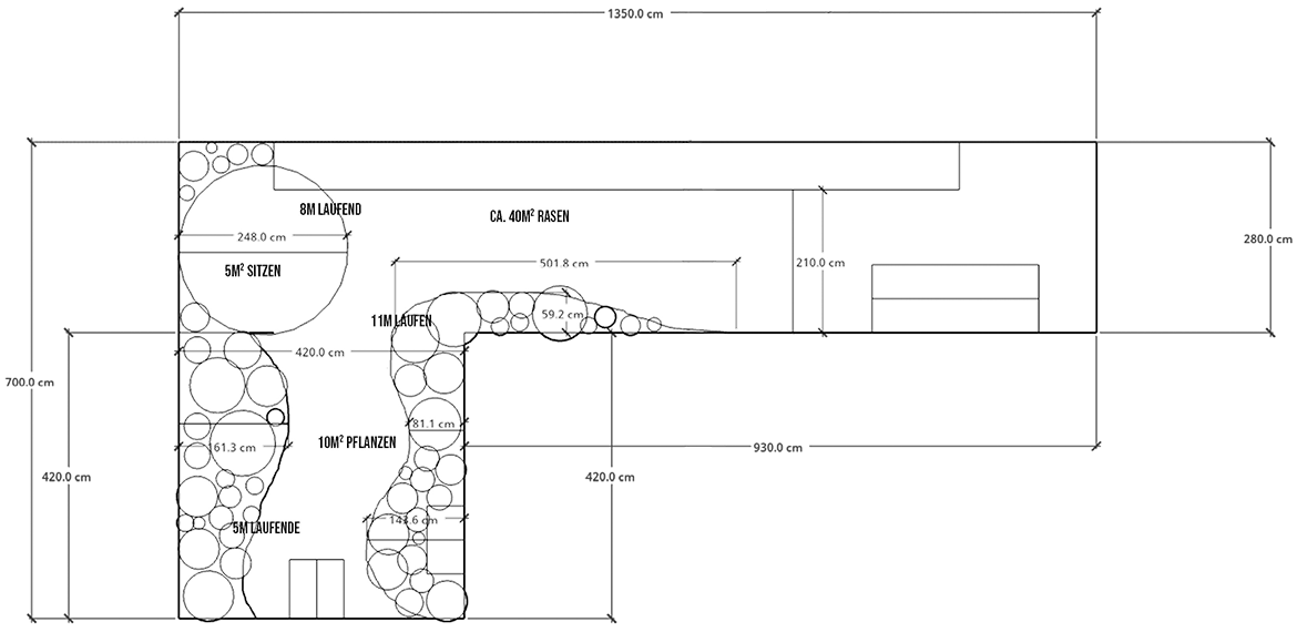 Architektonischer Entwurfsplan mit Maßangaben zu Flächen, Wegen und Staudenbeeten – Projekt Frankfurt Nordend.